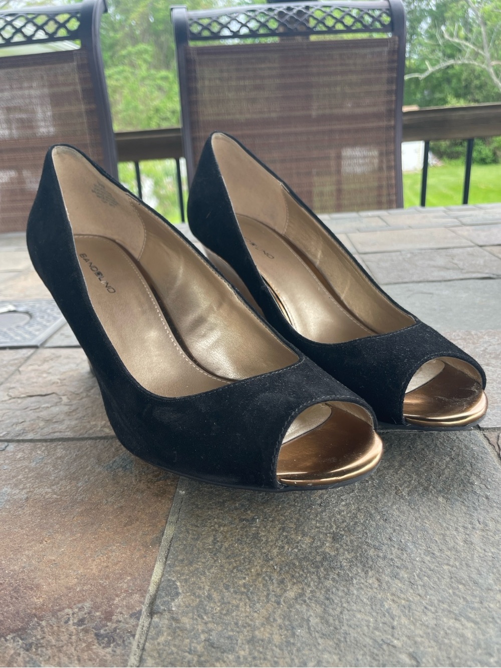 Bandolino Black Suede Peep-Toe Wedges with Gold Heels